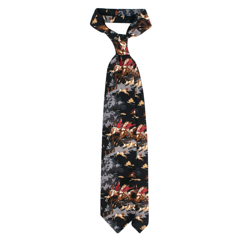 Hunting Scene Pattern Printed Wool Tie - Black                                                    SKU: SC.PW.006
