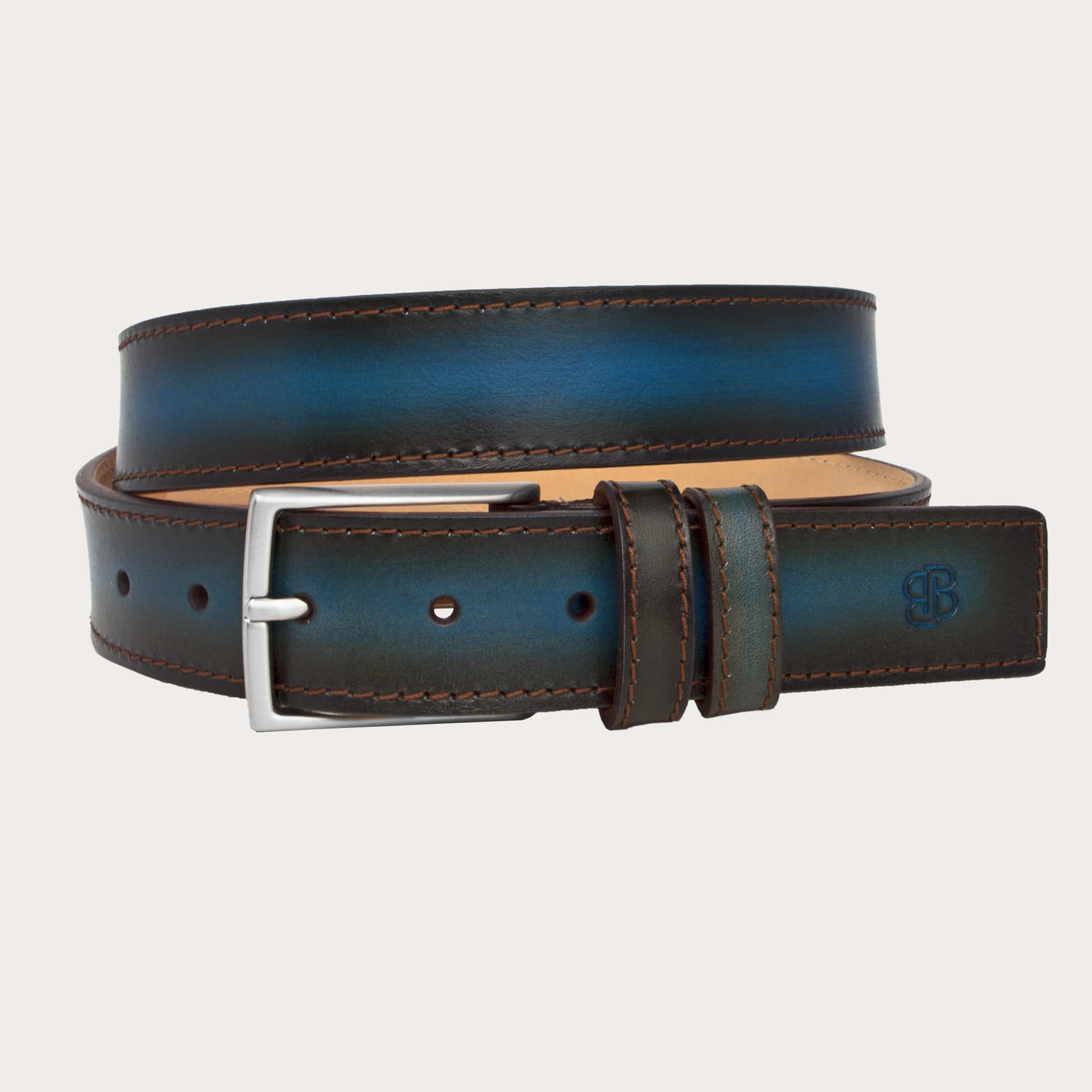 Genuine handbuffered leather belt, blue shaded dark brown