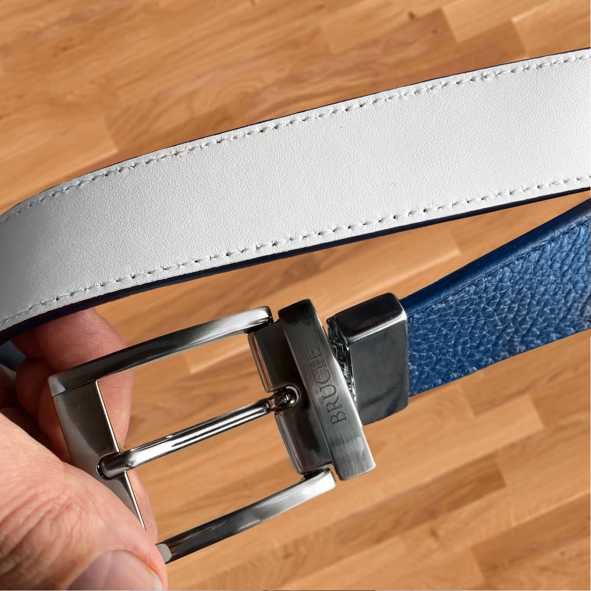 Reversible leather belt blue navy and white square tip