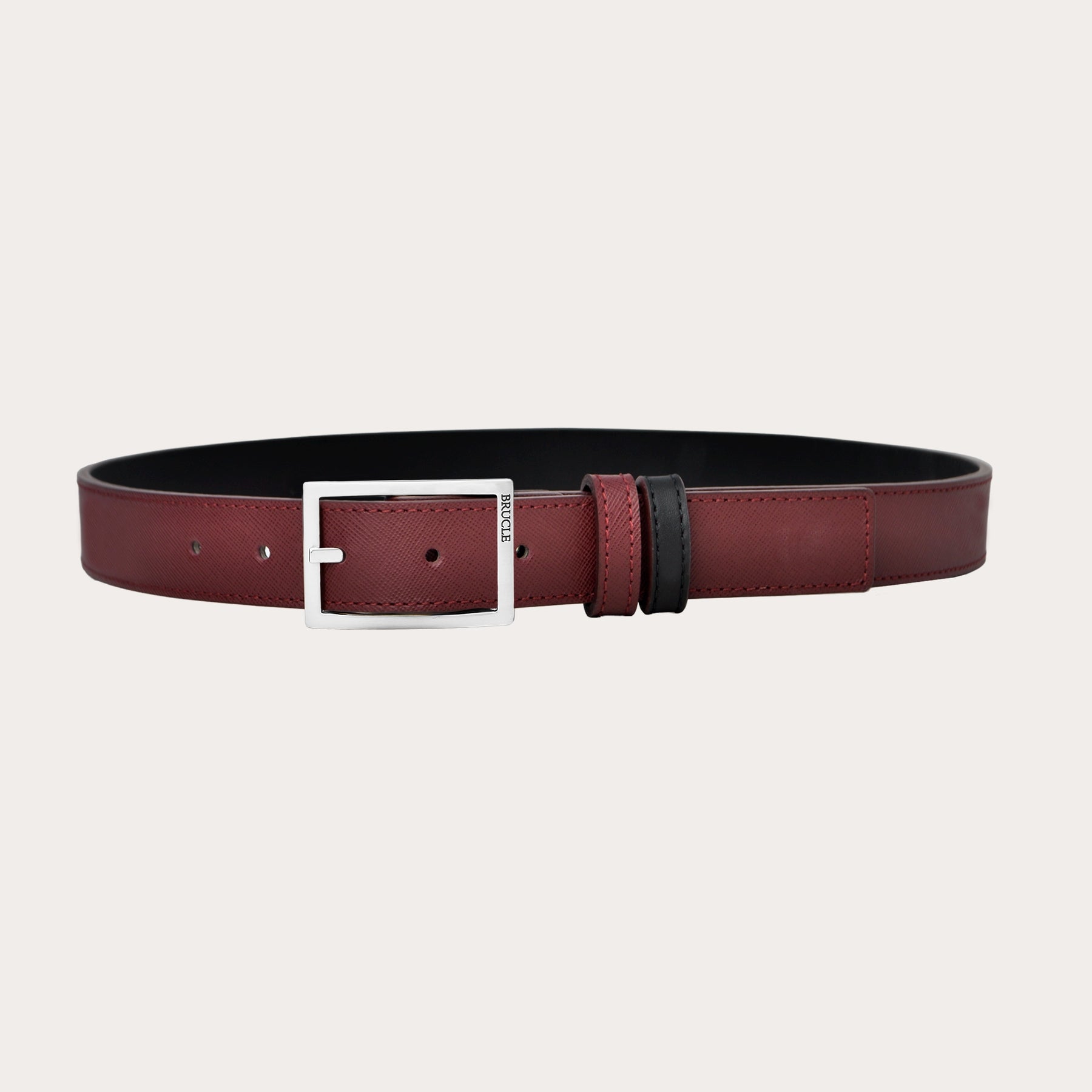 Reversible belt in burgundy saffiano and black leather