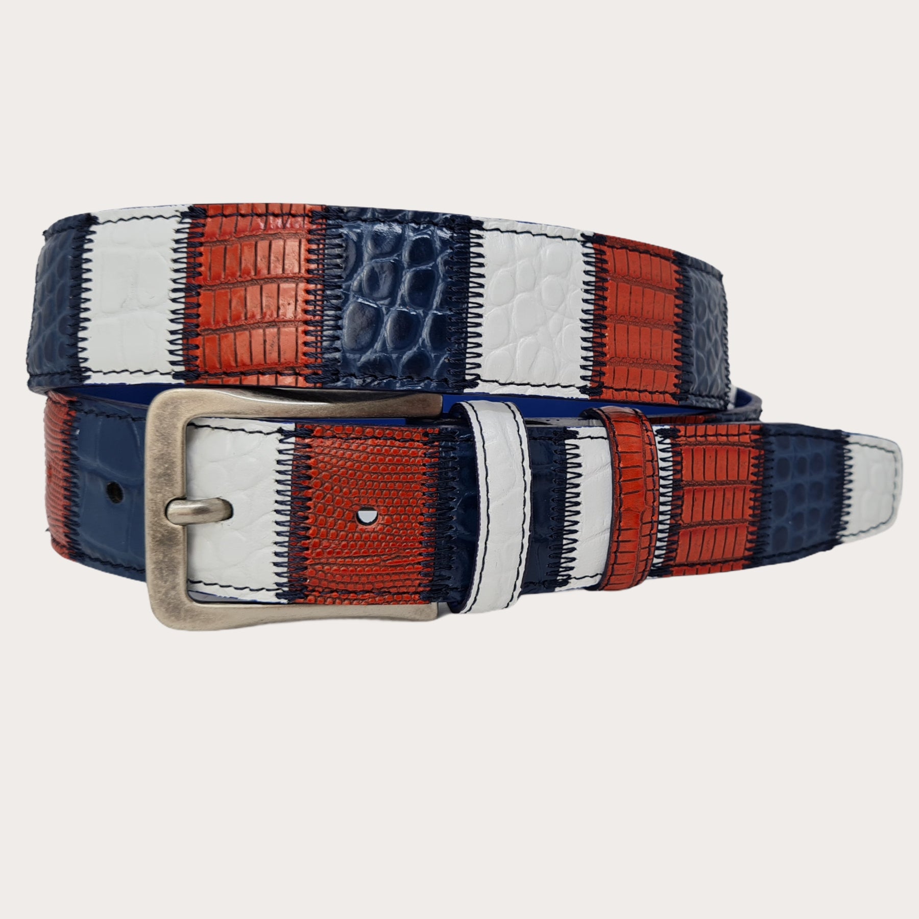 Blue red and white patchwork belt in genuine leather