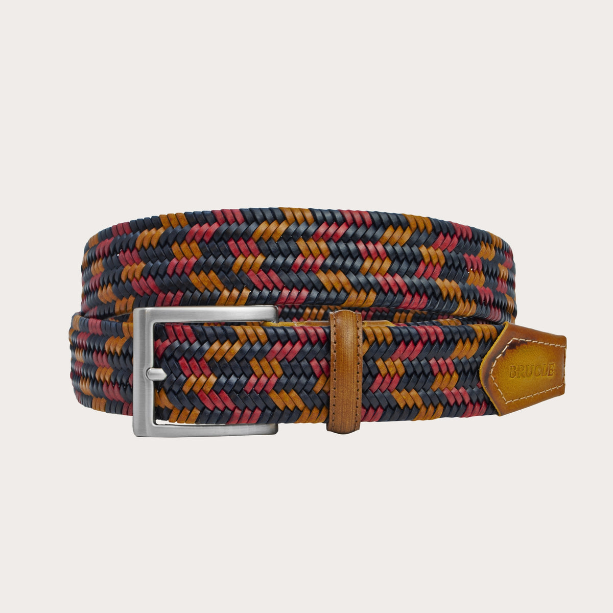 Braided elastic belt in bonded leather, blue, red and ocher