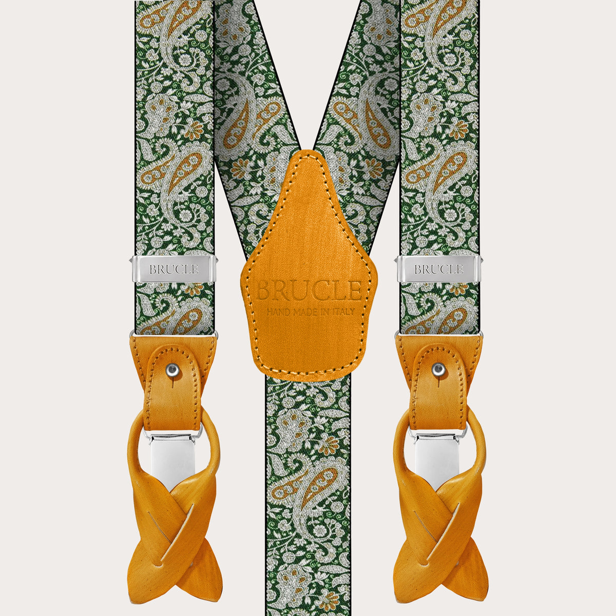 Double use suspenders in cashmere, green and gold paisley pattern