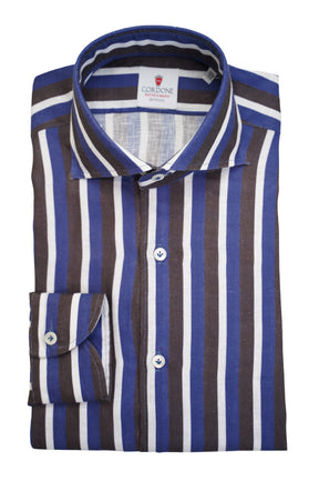 White, Brown and Blue Super Big Striped Shirts Linen