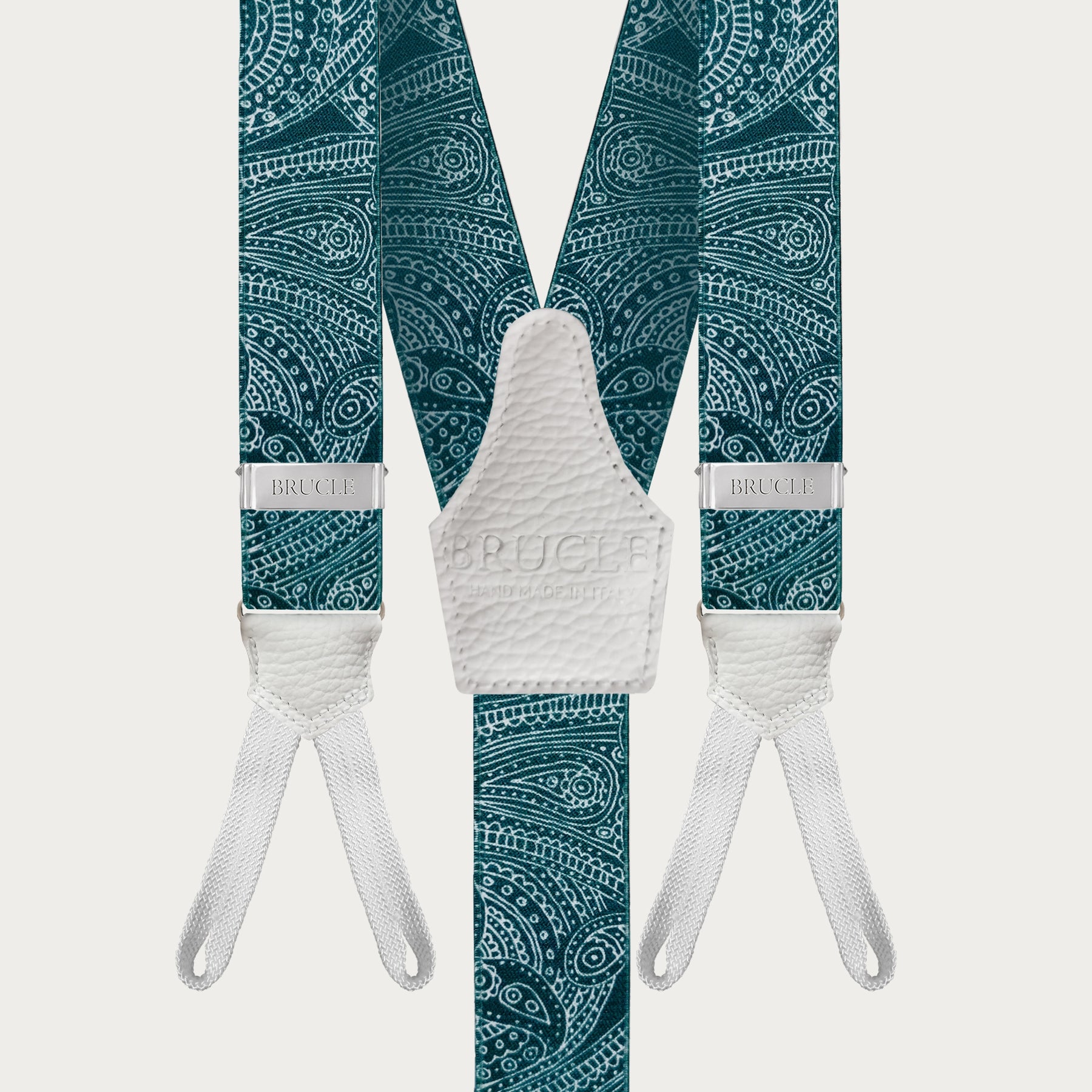 Formal Y-shape suspenders with braid runners, petrol green and white