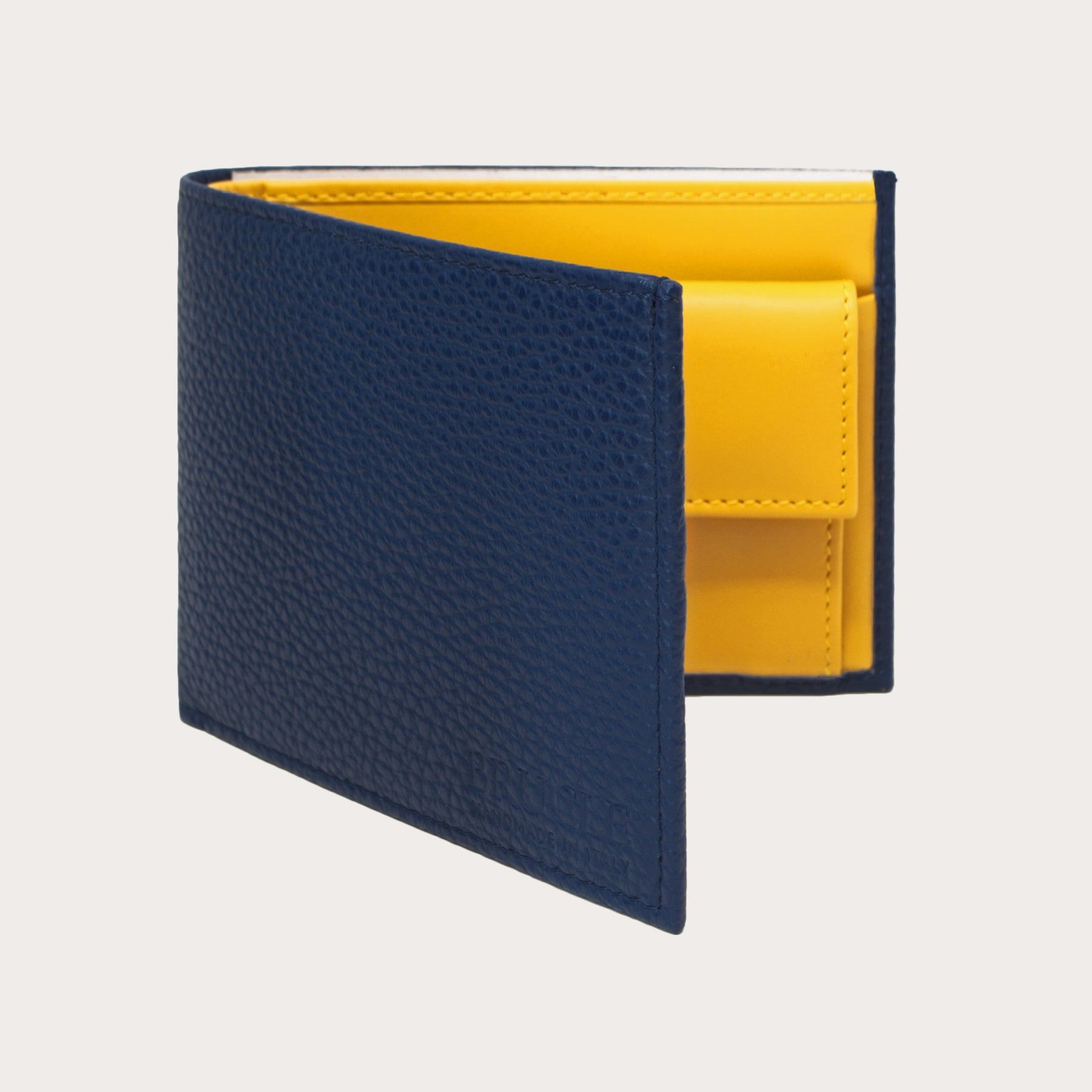 Blue men's wallet with coin purse and yellow interior
