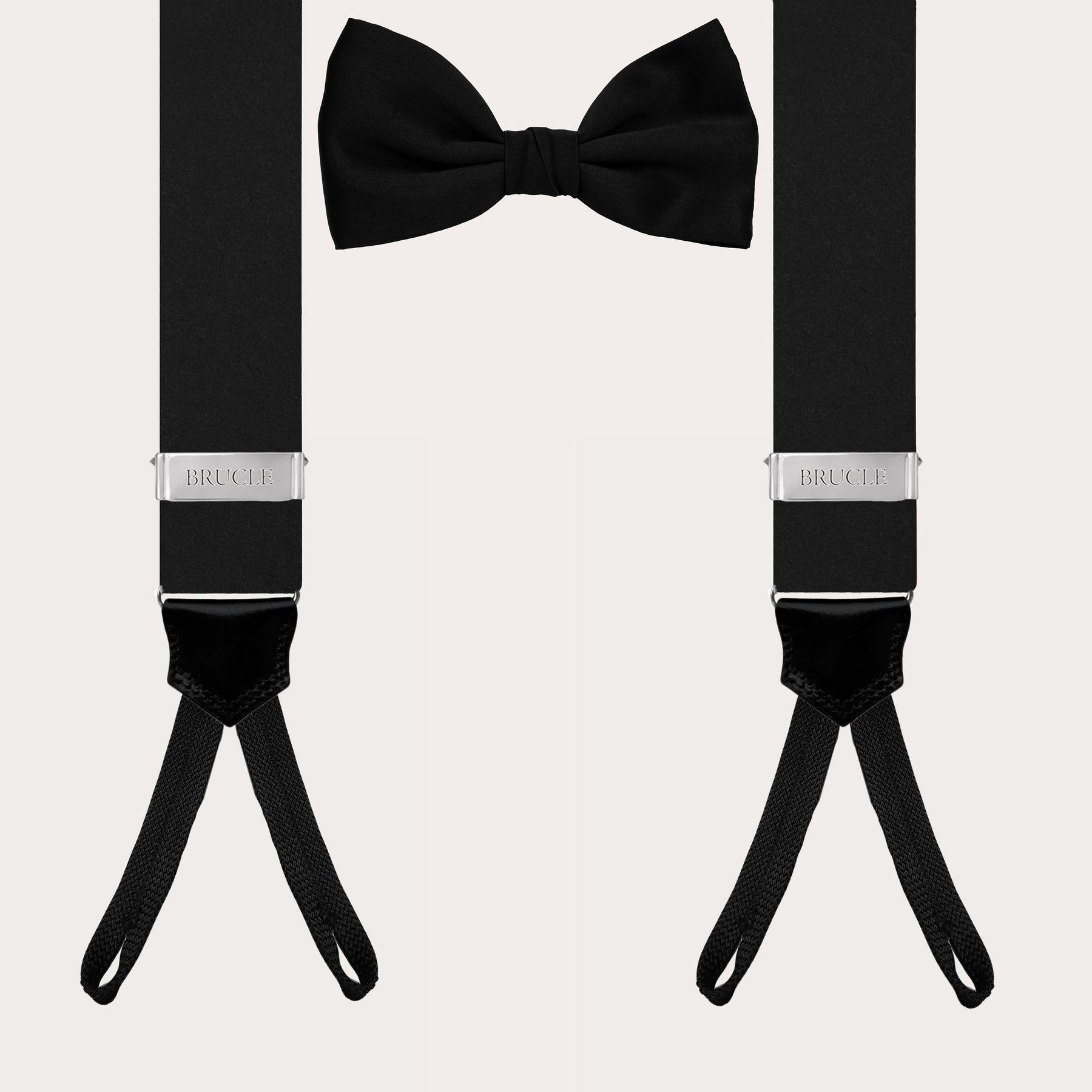 Elegant set of suspenders and bow tie in black silk satin