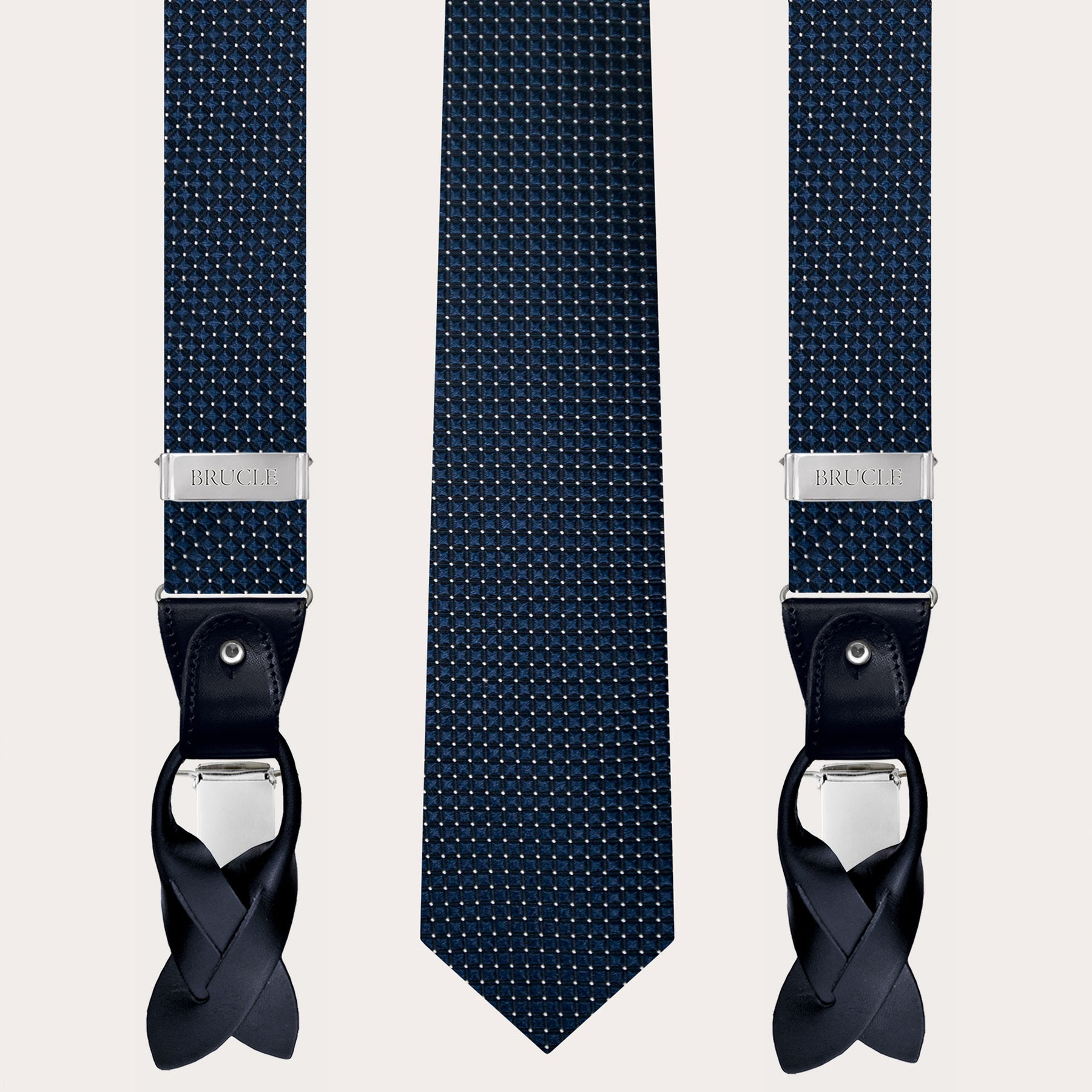 Set of suspenders and necktie in blue jacquard silk with refined dotted pattern