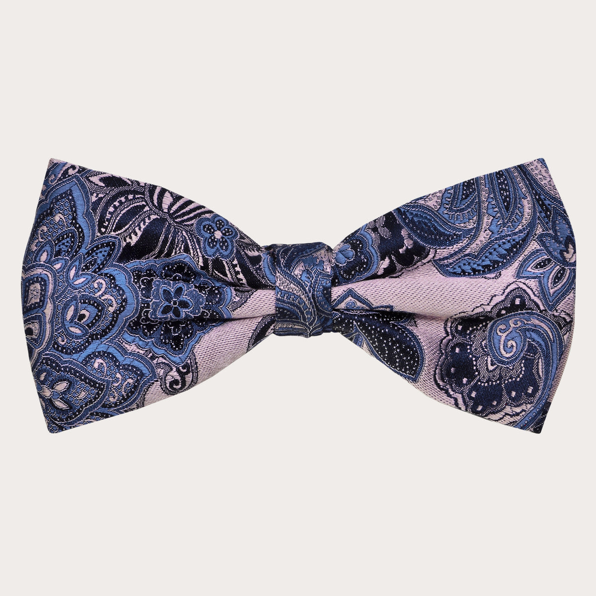Silk pre-tied bow tie, pink and light blue cachemire pattern