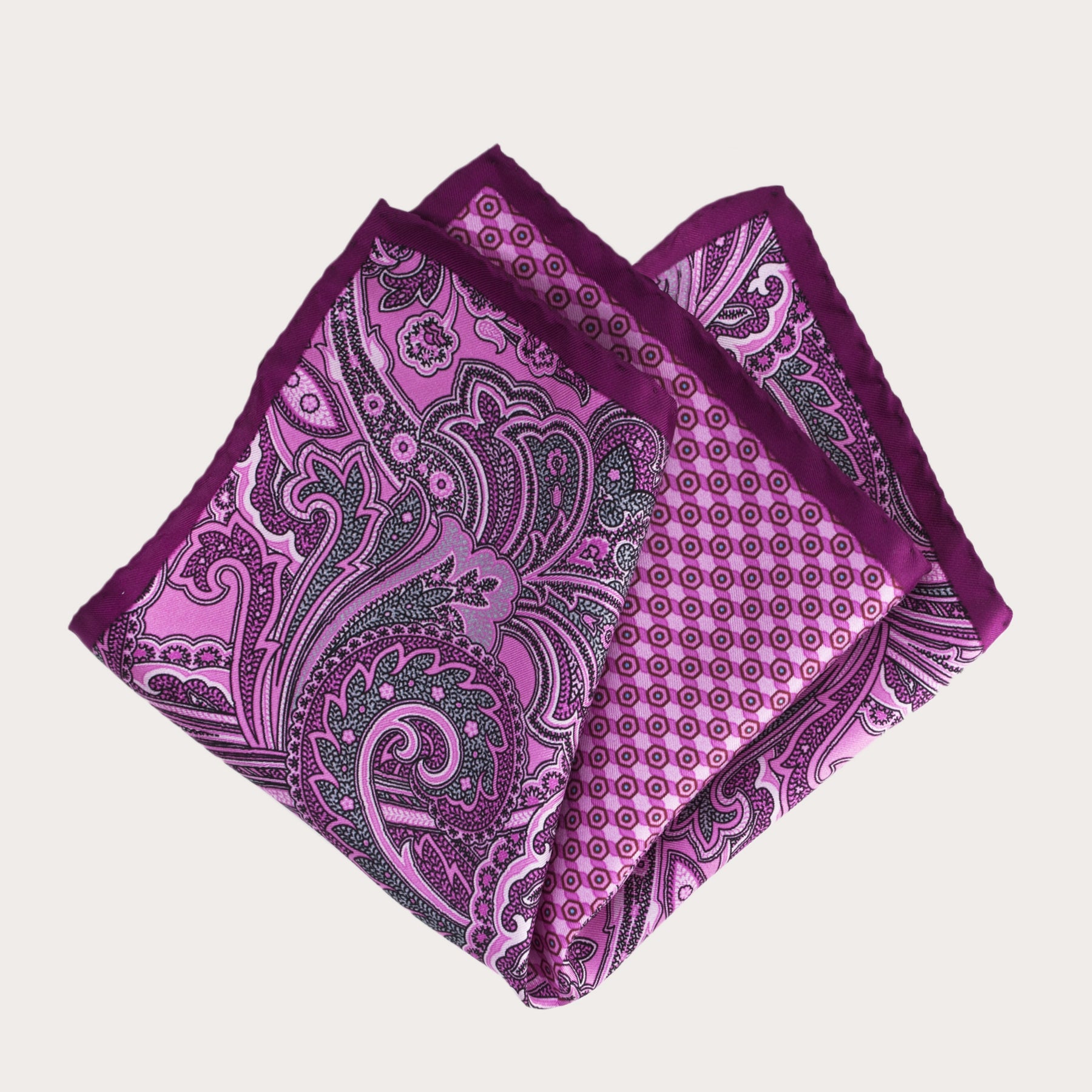 Multi-patterned silk pocket square, pink and burgundy paisley
