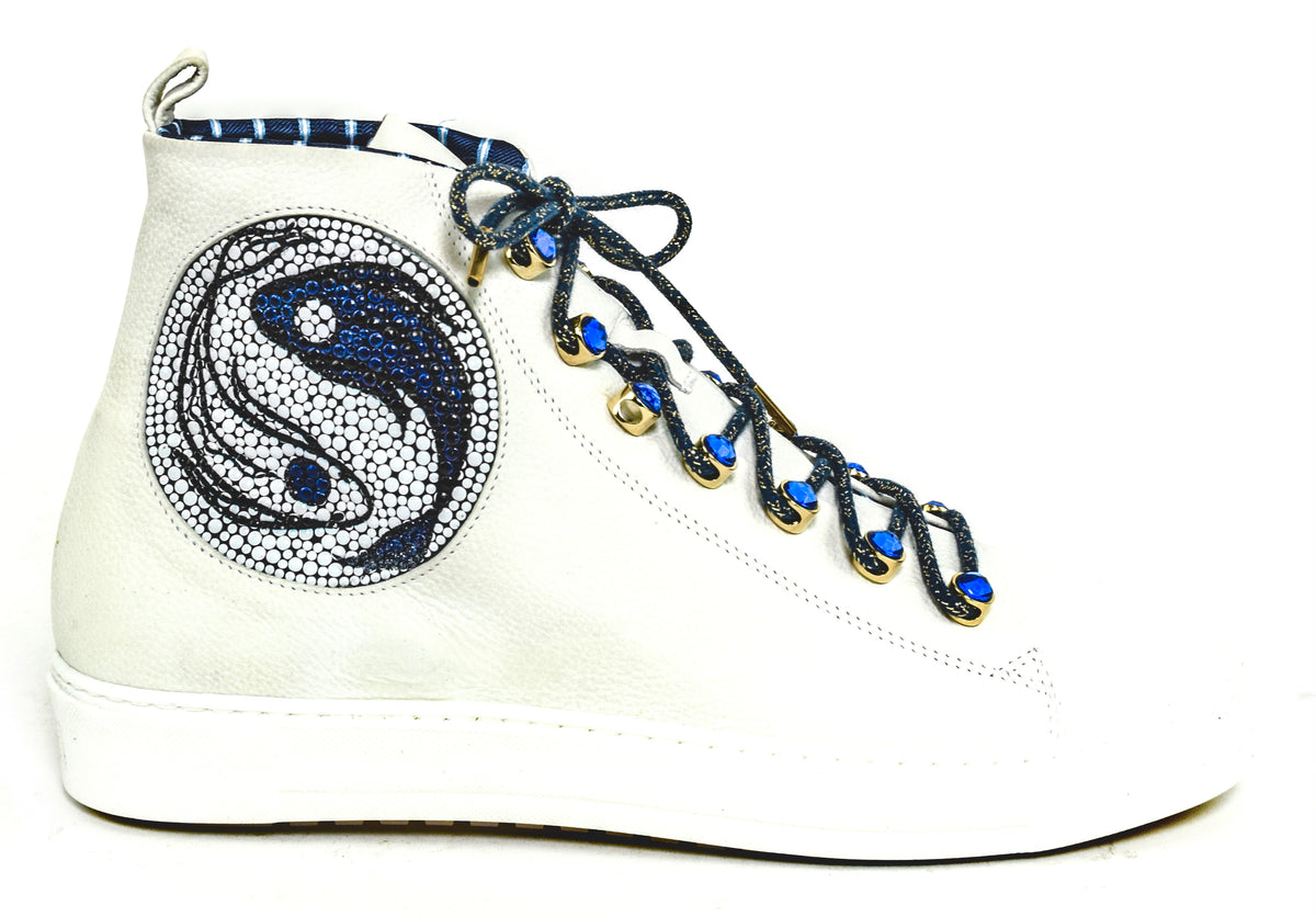 SNEAKERS WITH BLUE STONE EYELETS AND YIN&YANG MOTIVE ON STRASS