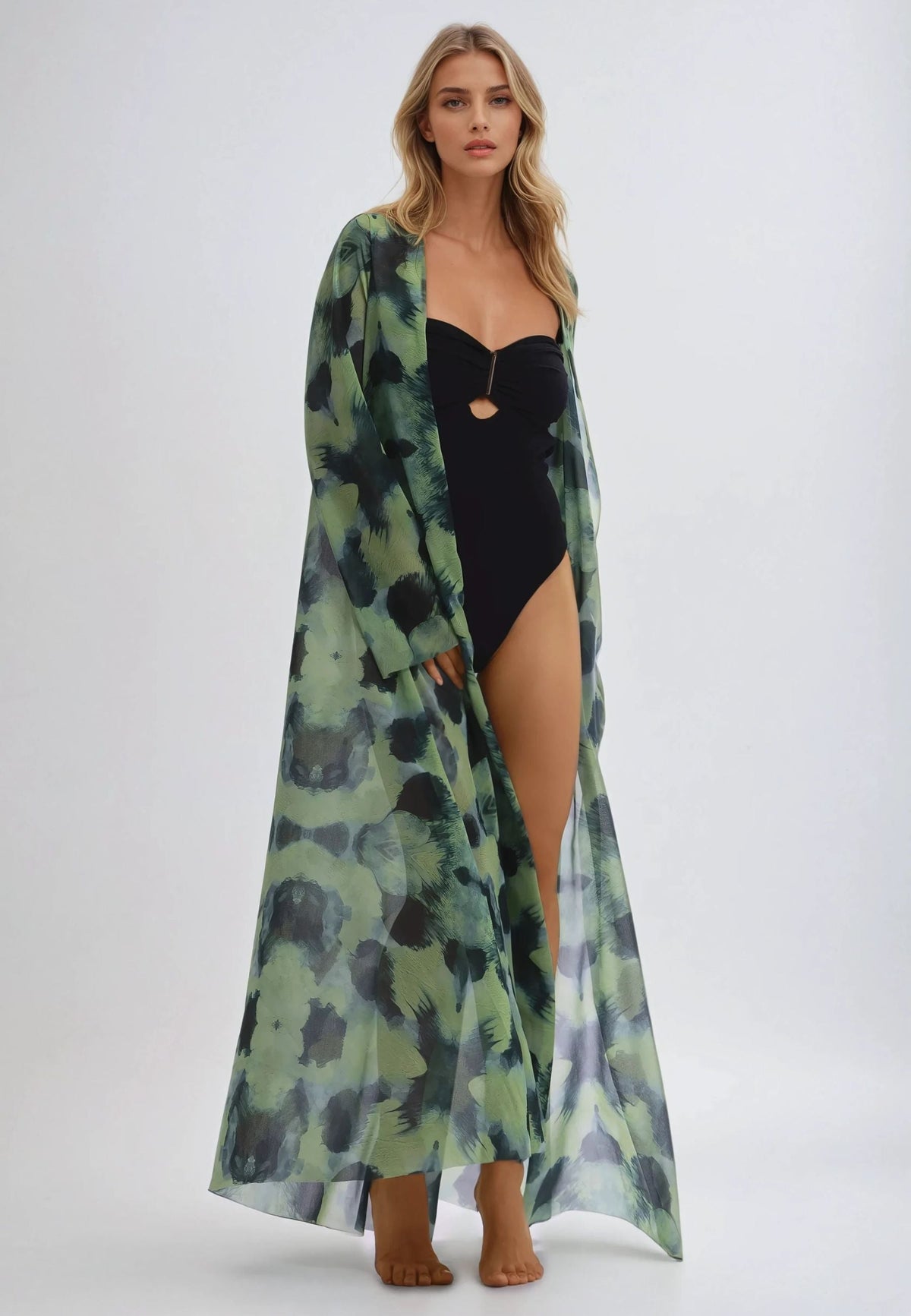 Kaftan Gown - Black/Green Paint Strokes