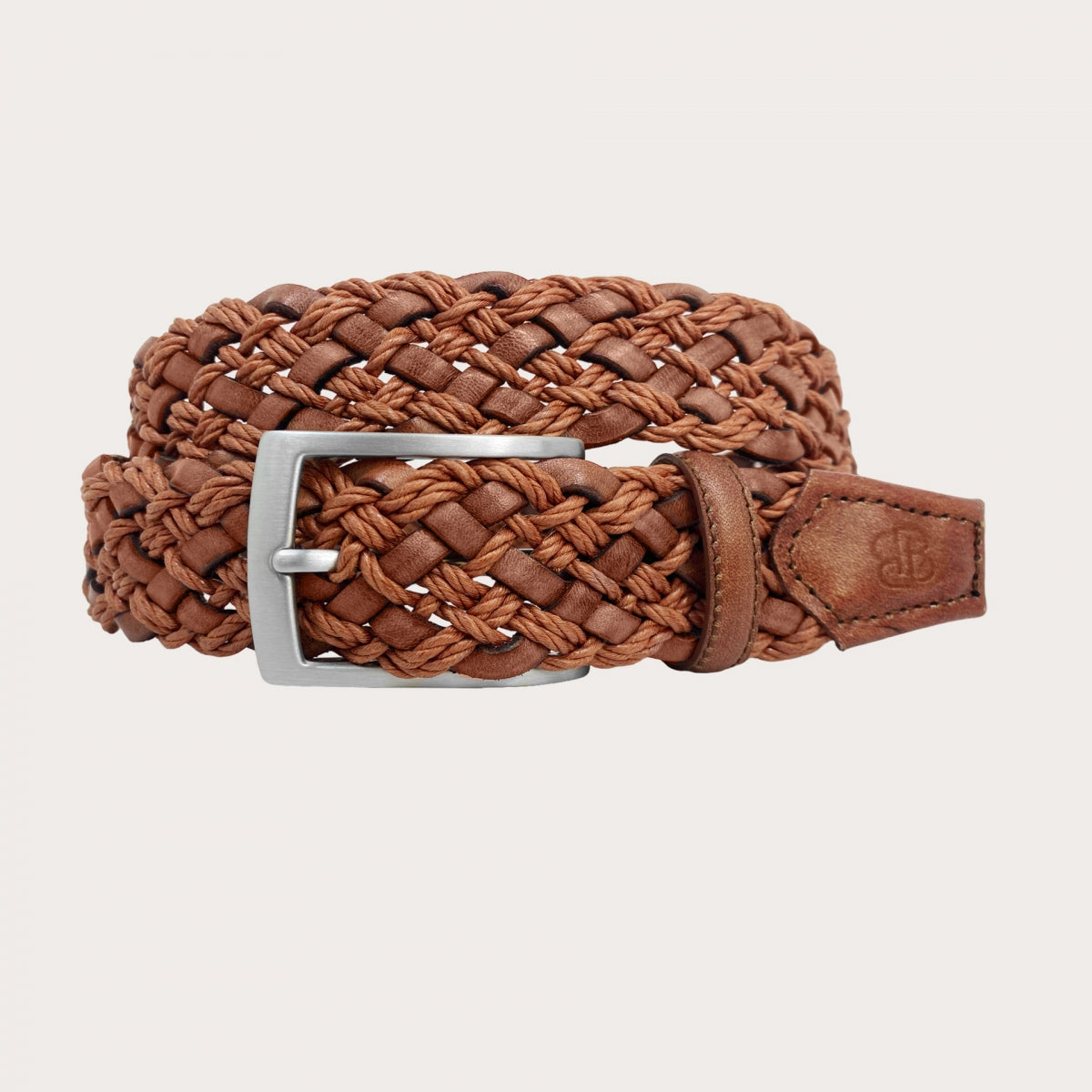 Braided brown leather and cotton belt, nickel free
