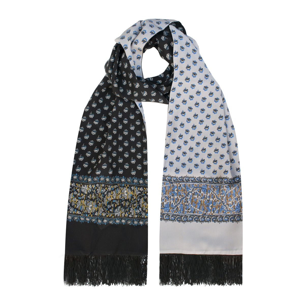 DOUBLEFACE SILK SCARF WITH MICRO MOTIF PRINTED AND FRINGES                  SKU: CHARLESTON