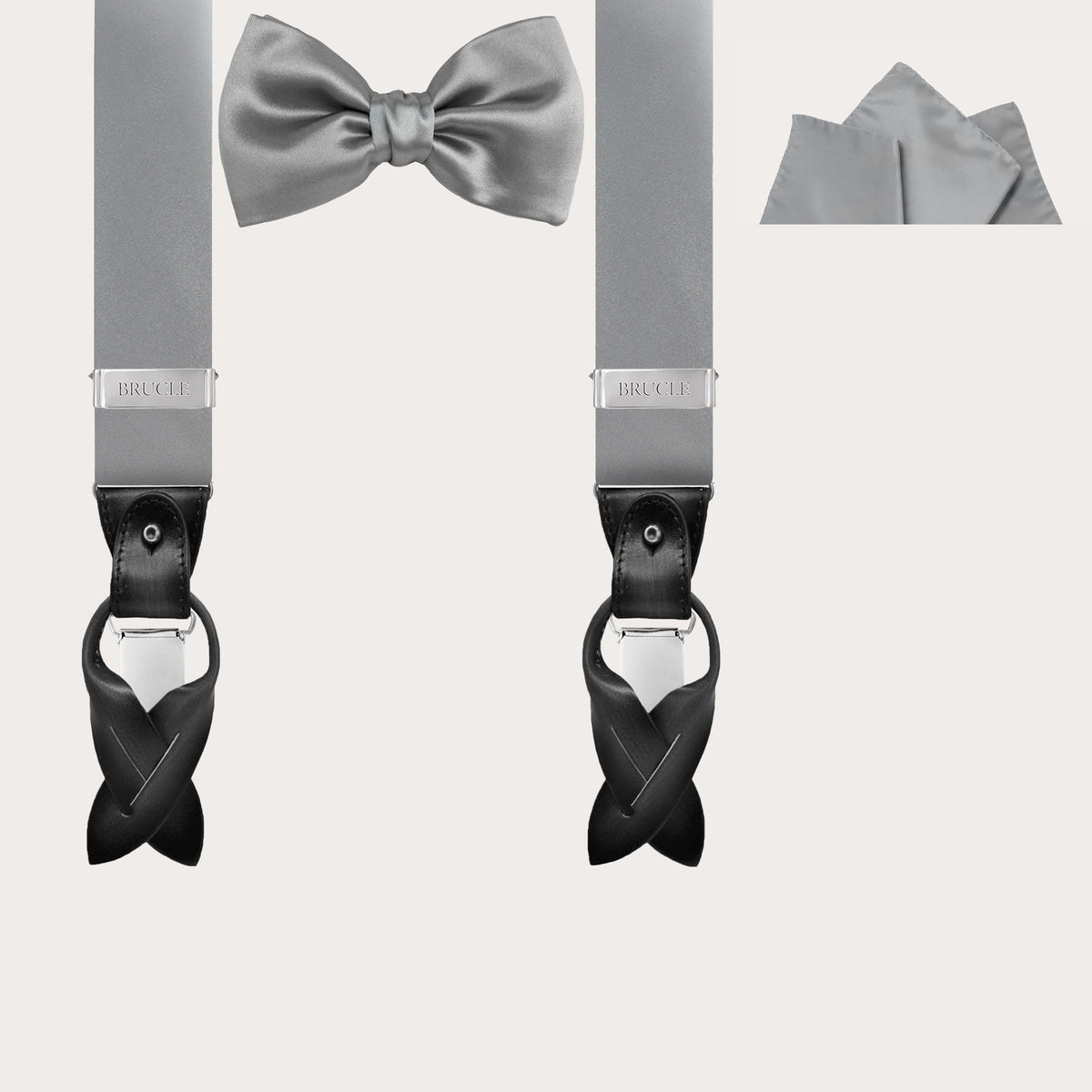 Ceremony set of suspenders, bow tie and pocket handkerchief in satin silk