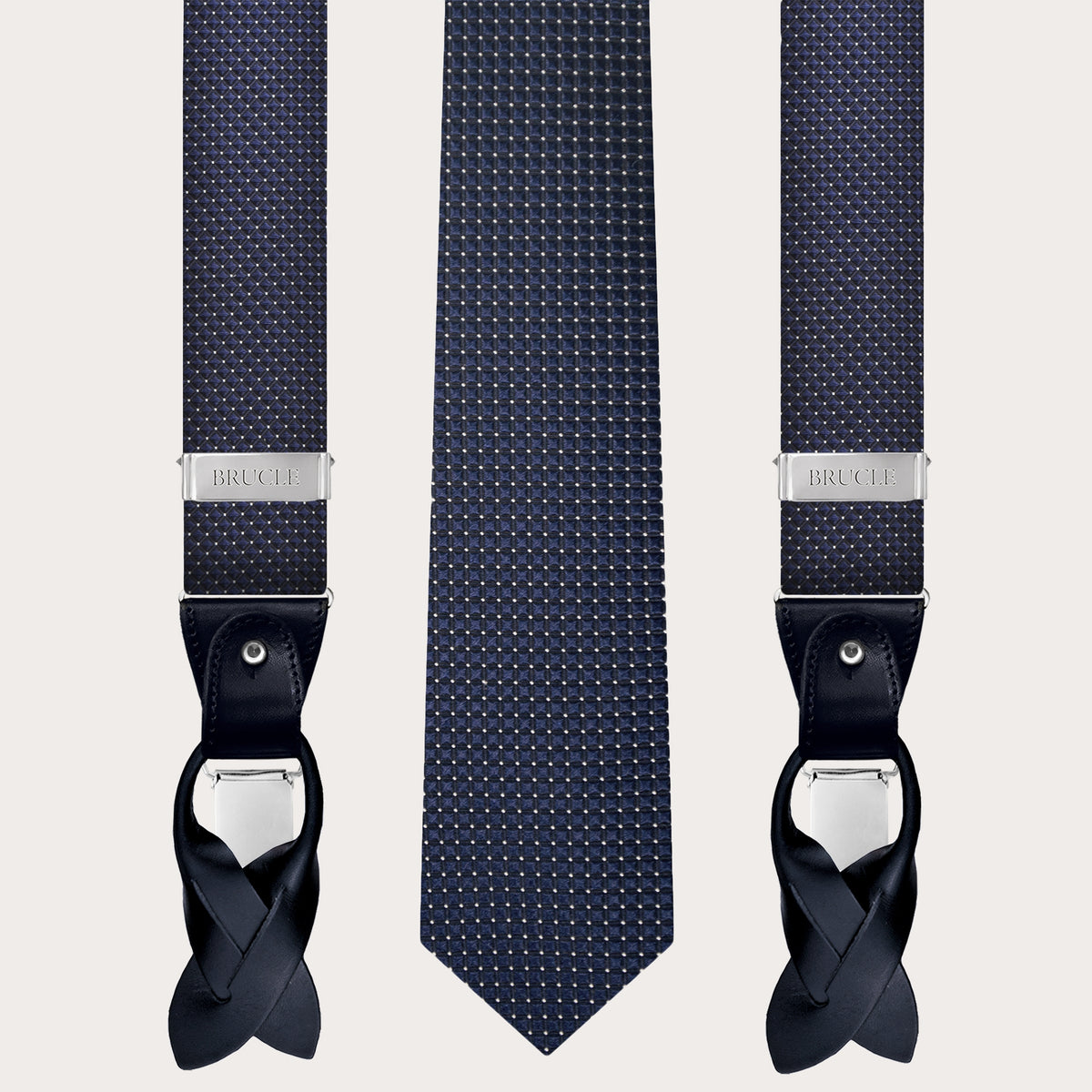 Coordinated suspenders and necktie in jacquard silk, dotted pattern blue