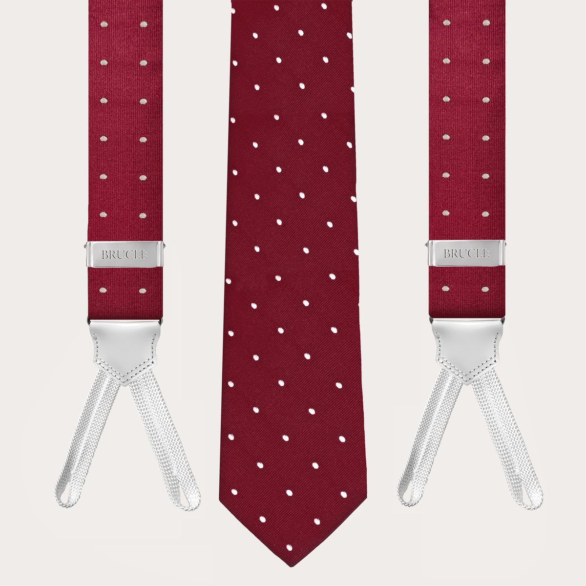 Coordinated suspenders and necktie in jacquard silk, dotted pattern red