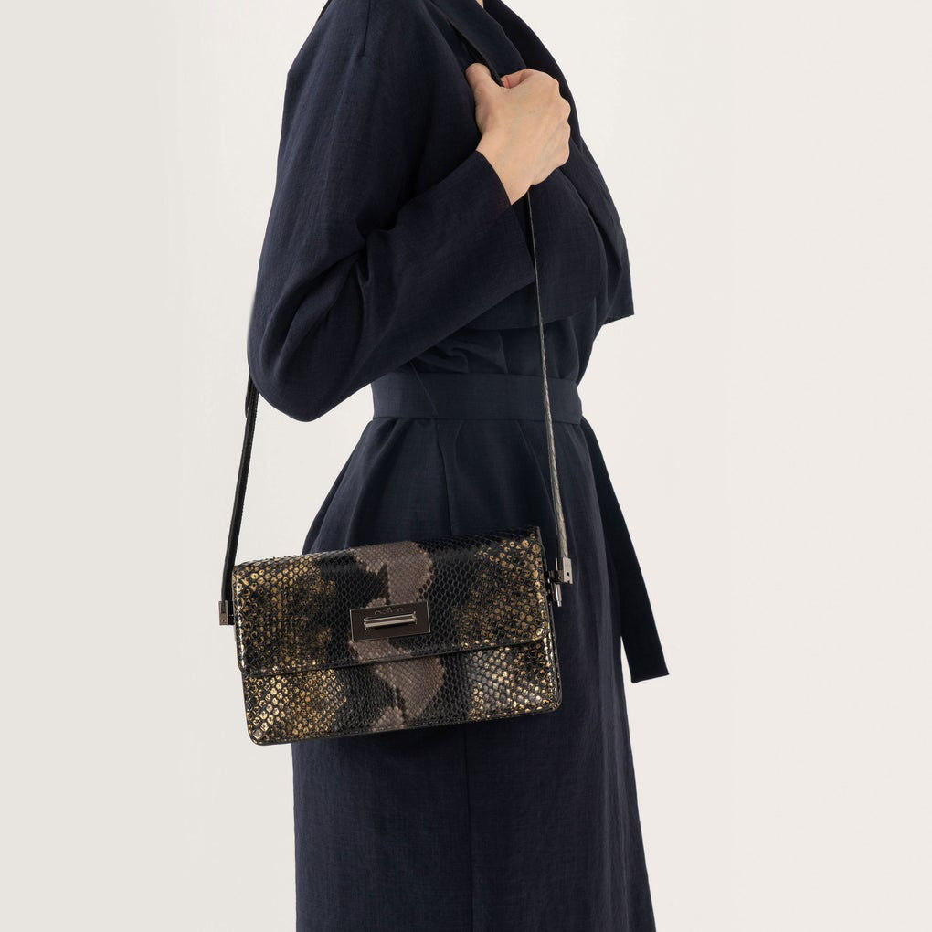 DOTTI Shoulder Bag in Black Python, Luxury Handbags. Made in Italy