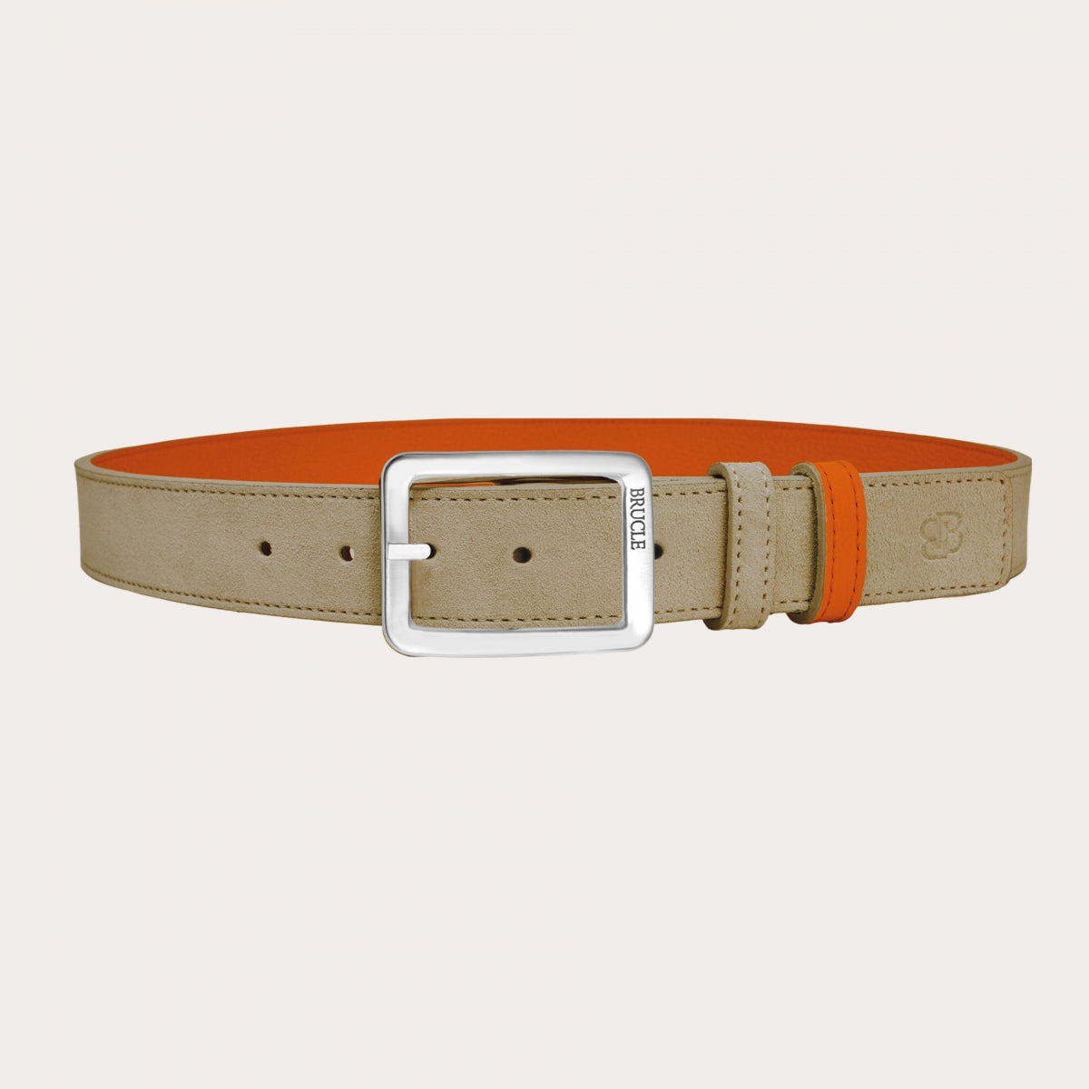 Reversible belt in beige suede and orange tumbled leather