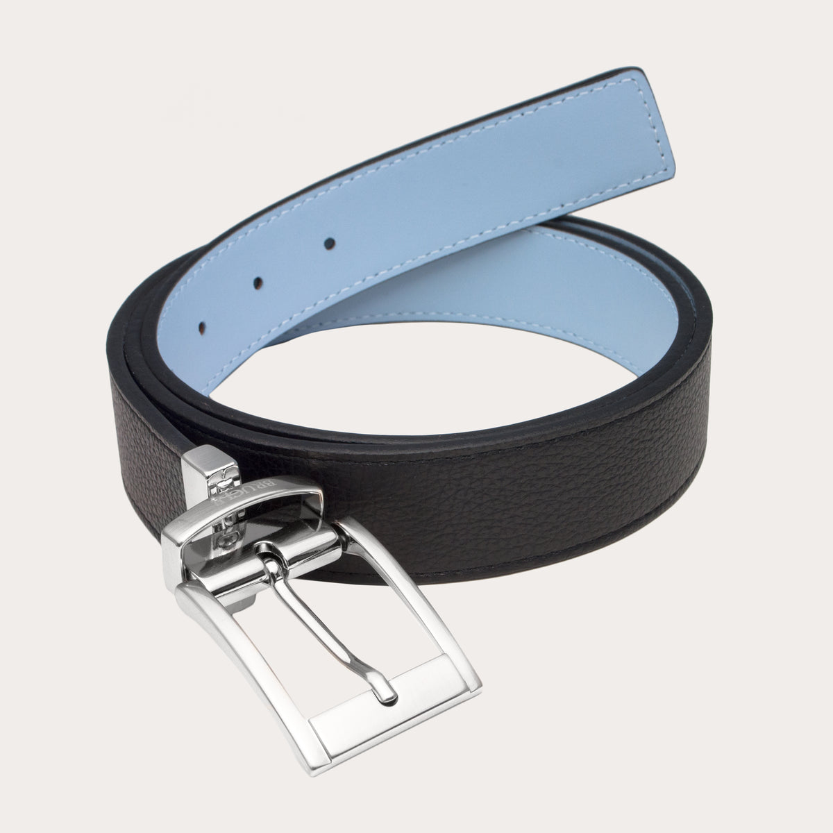 Reversible leather belt with square tip in black and sky blue