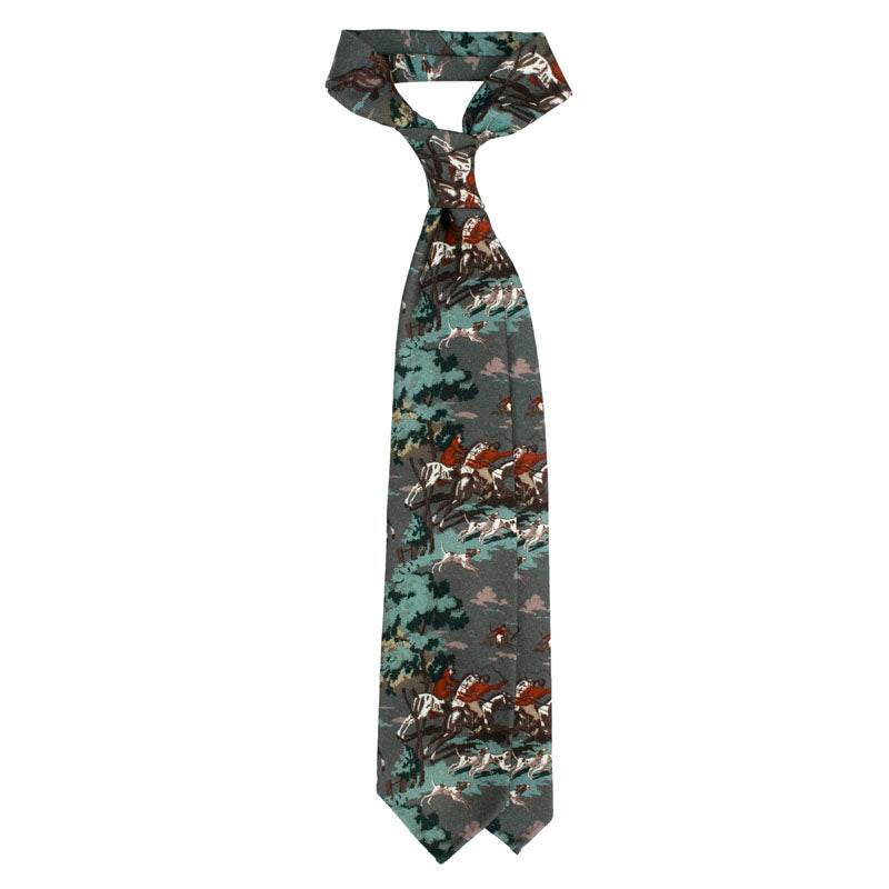 Hunting Scene Pattern Printed Wool Tie - Grey                                                    SKU: SC.PW.007