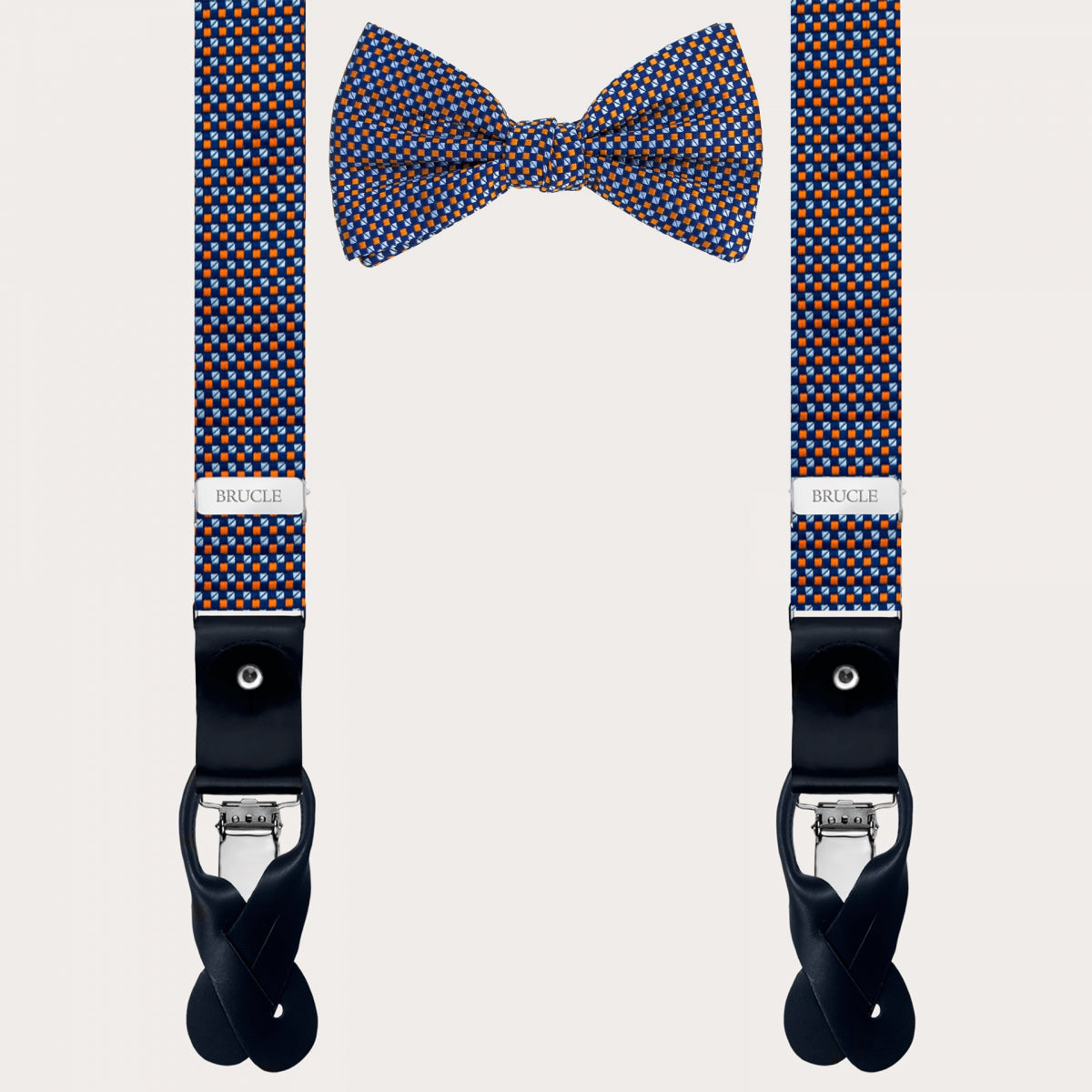 SUSPENDERS AND BOW TIE COORDINATED IN SILK, BLUE AND ORANGE PATTERN
