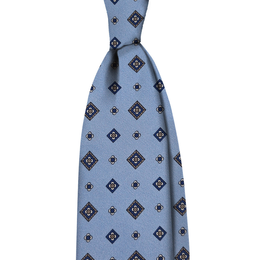 Twille print 3 folds unlined tie - light blue medallions