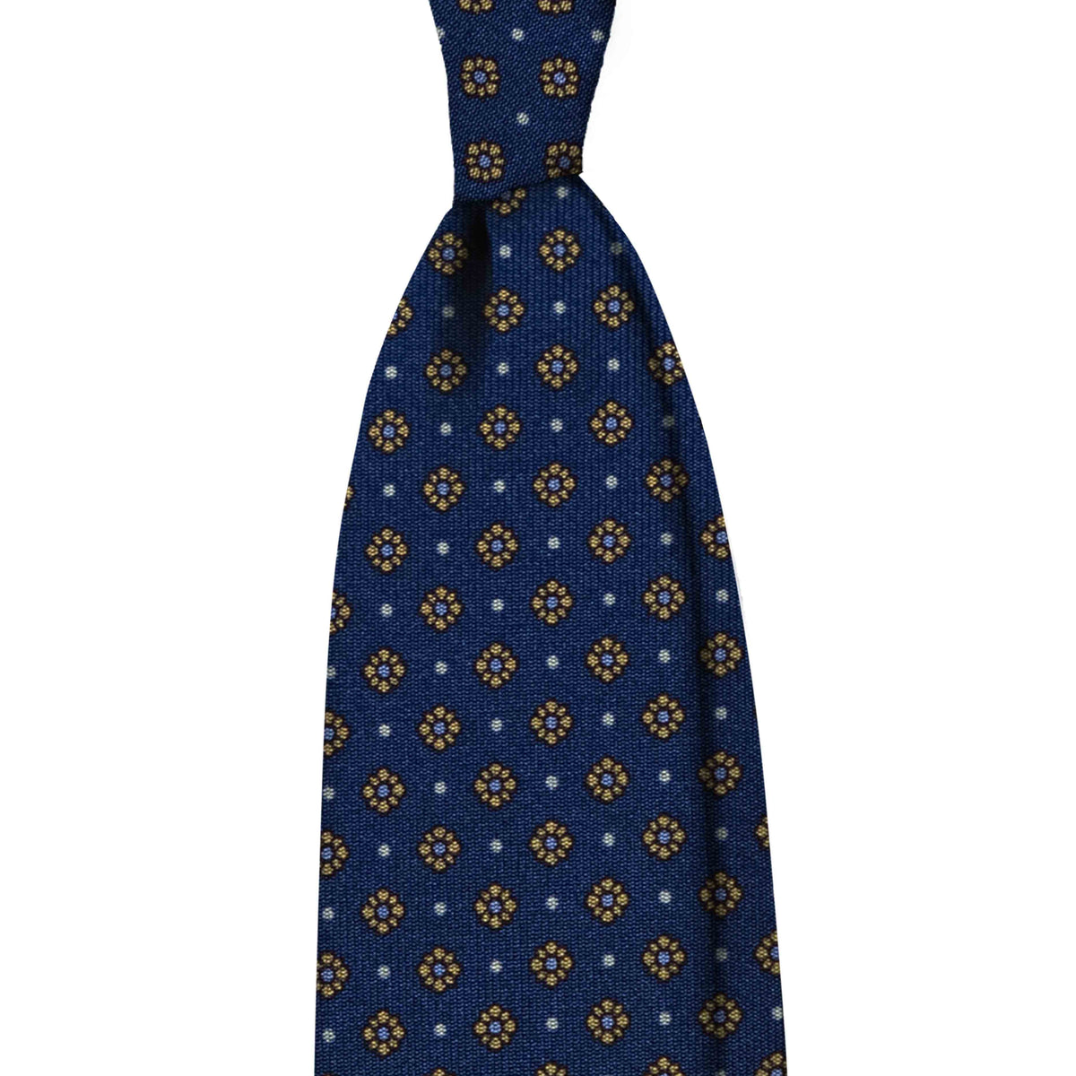 Twille printed mustard small flowers 3 folds unlined tie - navy