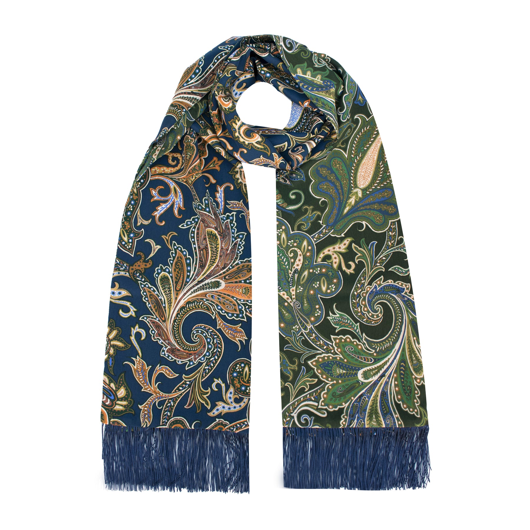 DOUBLEFACE SILK SCARF WITH CASHMERE MOTIF PRINTED AND FRINGES                                                            SKU: VOGUE