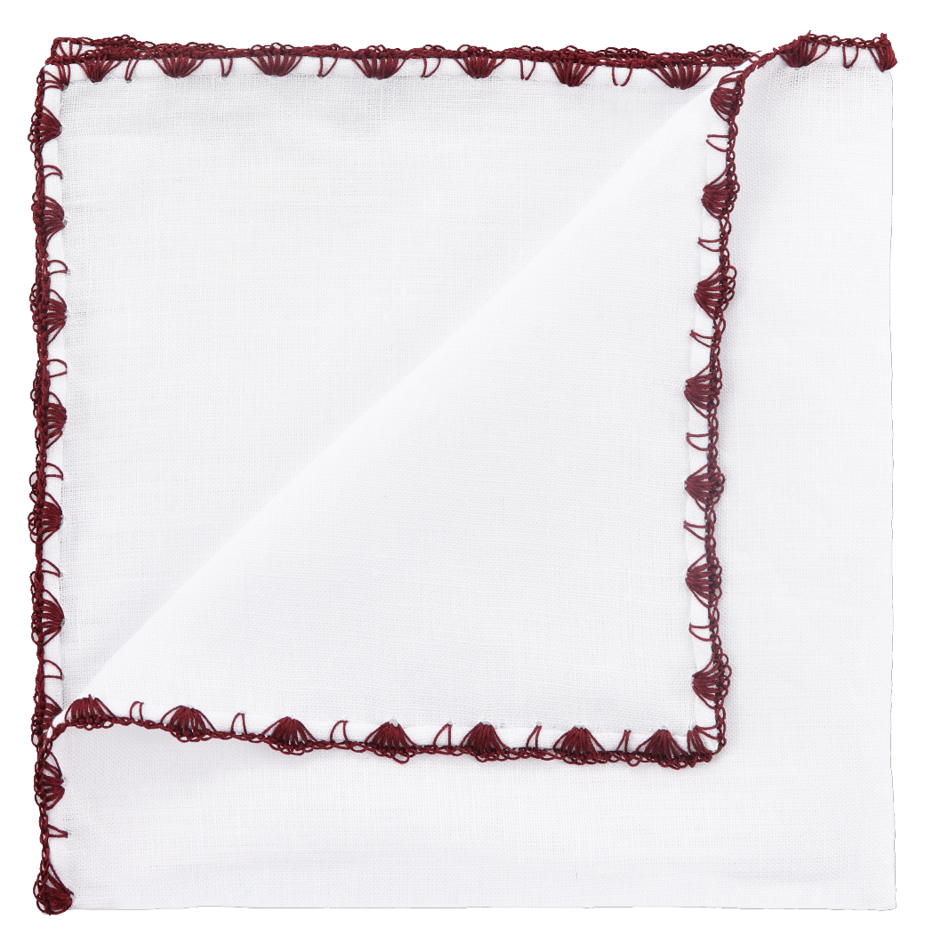 White linen pocket square with arched crochet - burgundy