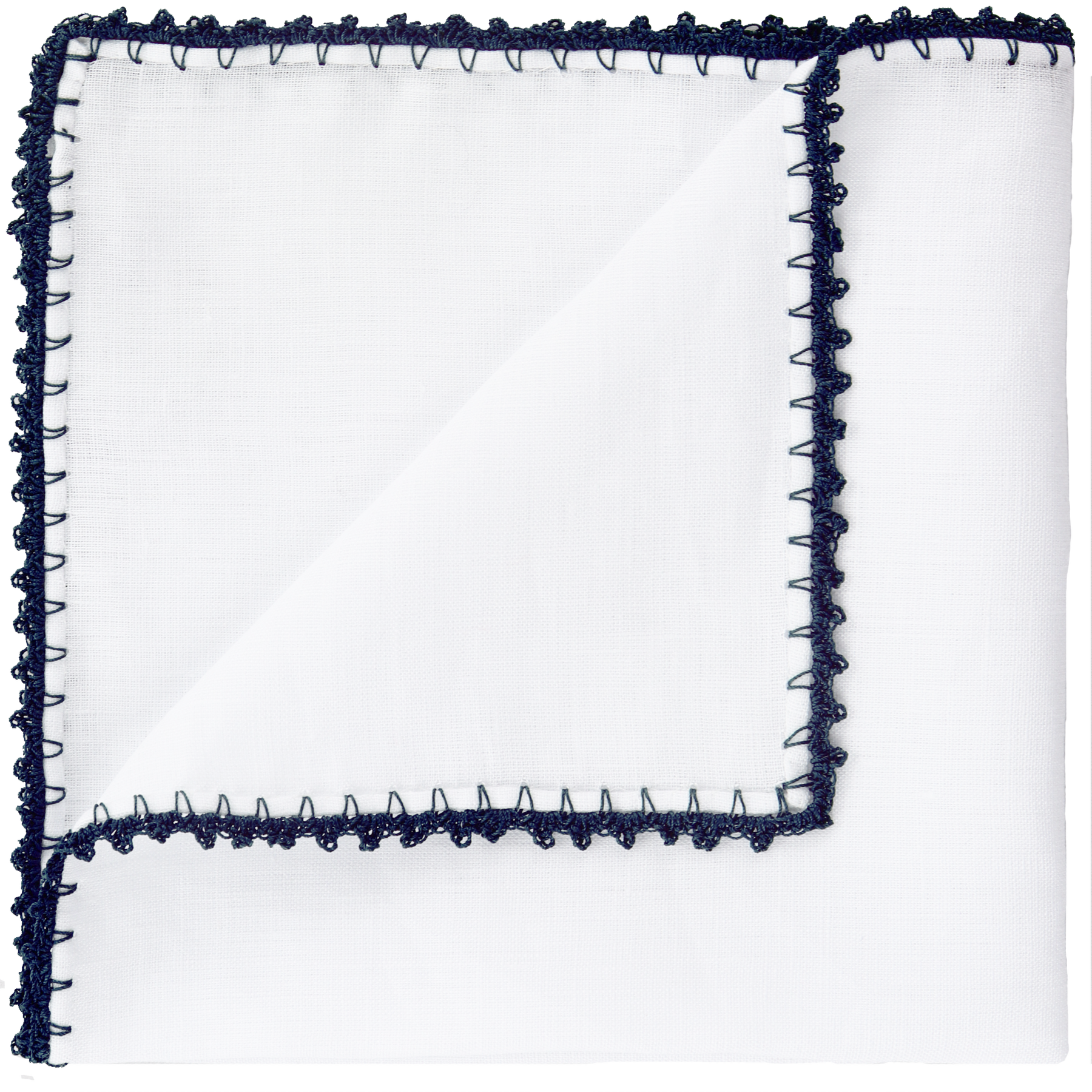 White linen pocket square with pippioli crochet - Navy