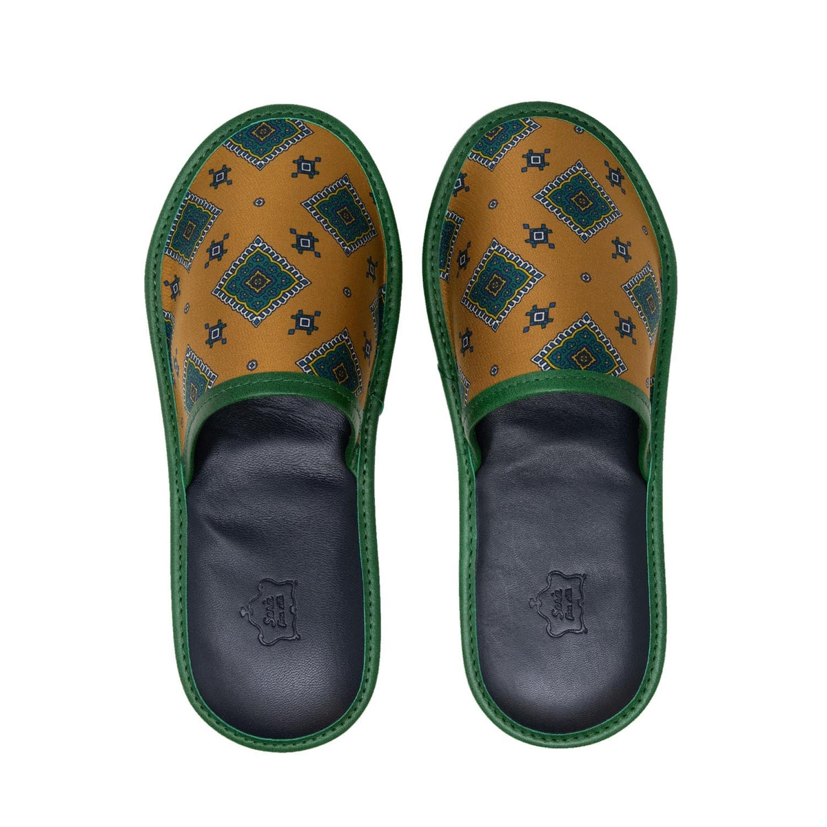 serà fine silk - Gold and green with Medallions Silk & Leather Slippers