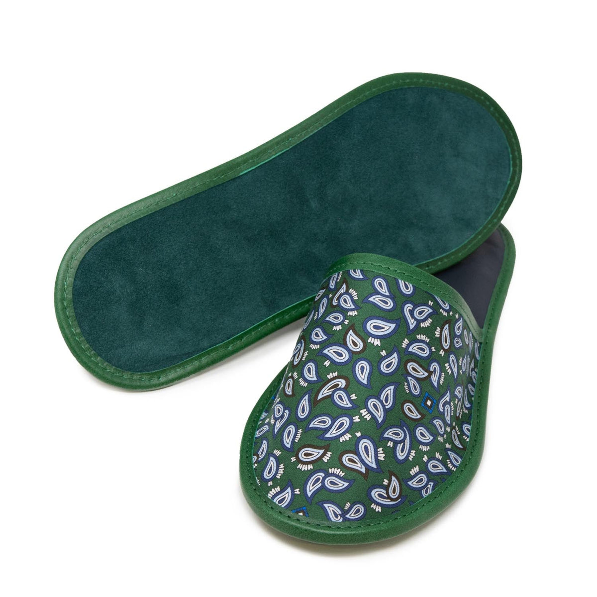 serà fine silk - Green with Small Paisley Silk & Leather Slippers