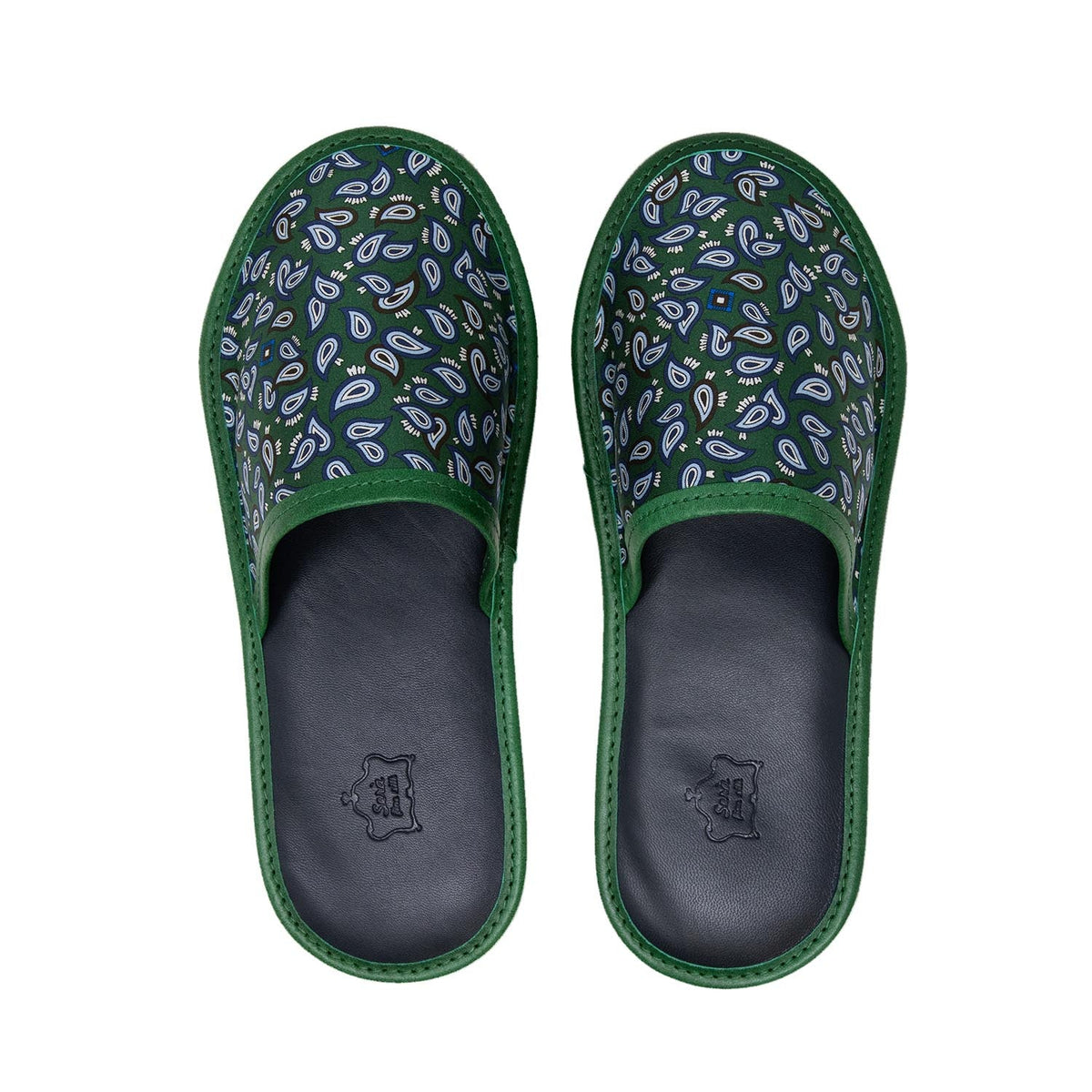 serà fine silk - Green with Small Paisley Silk & Leather Slippers