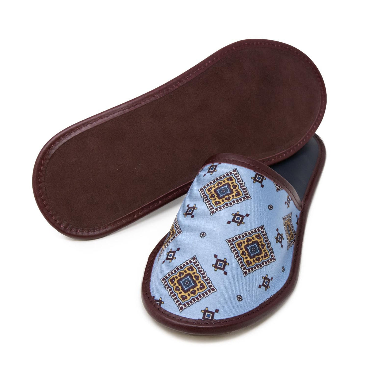 serà fine silk - Light Blue and Burgundy with Medallions Silk & Leather Slippers