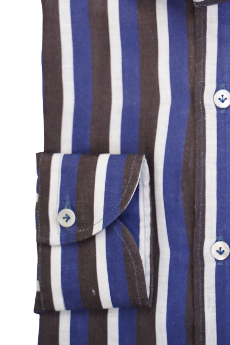 White, Brown and Blue Super Big Striped Shirts Linen