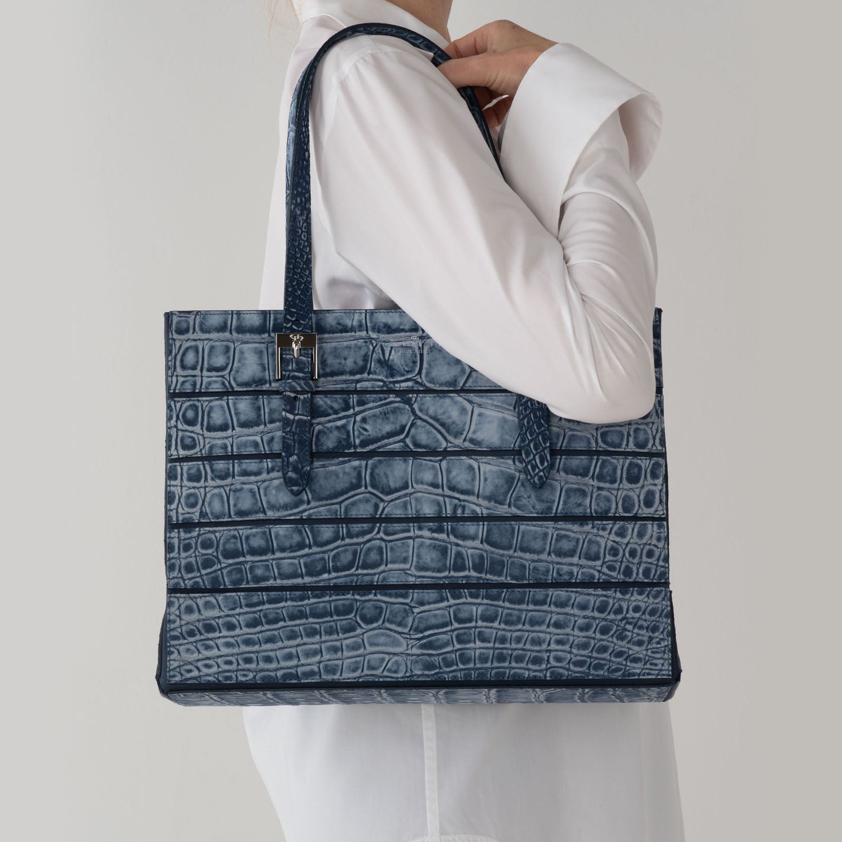 DOTTI Flora in Denim Crocodile, Luxury Handbags. Made in Italy