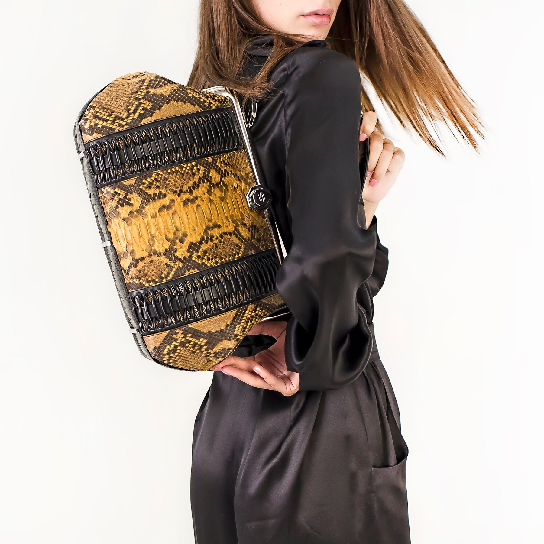 LUNA in Okra Python, Ostrich, Alligator and Karung-DOTTI Luxury Handbag. Made in Italy