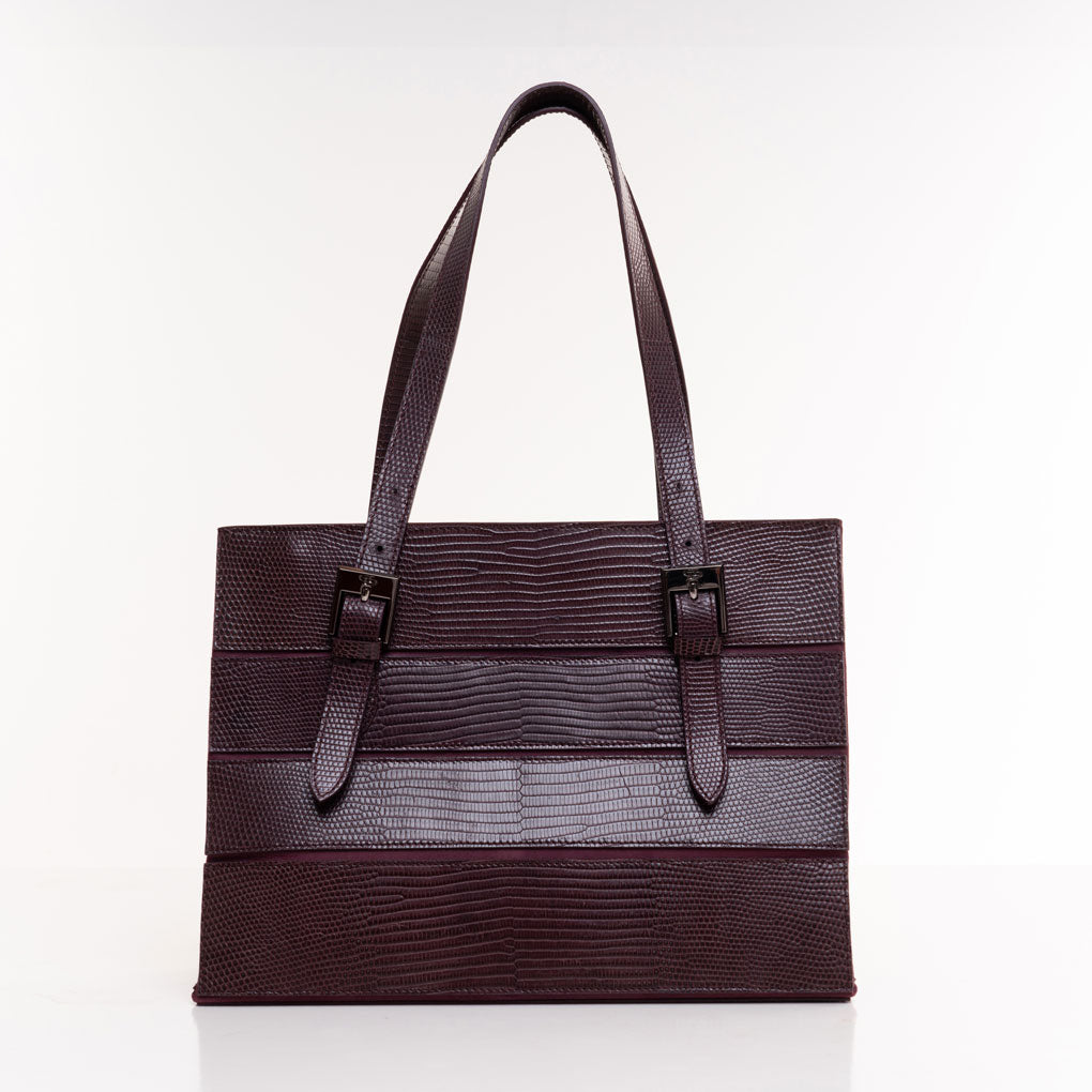 DOTTI Luxury handbags, Flora medium tote bag, made of lizard leather in sophisticated aubergine shade.  The highlighted beauty of precious leather, makes this DOTTI tote a true statement piece.
