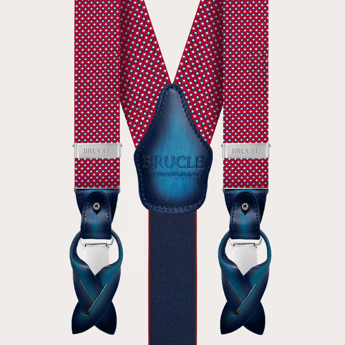 Suspenders in jacquard silk, red and light blue geometric pattern