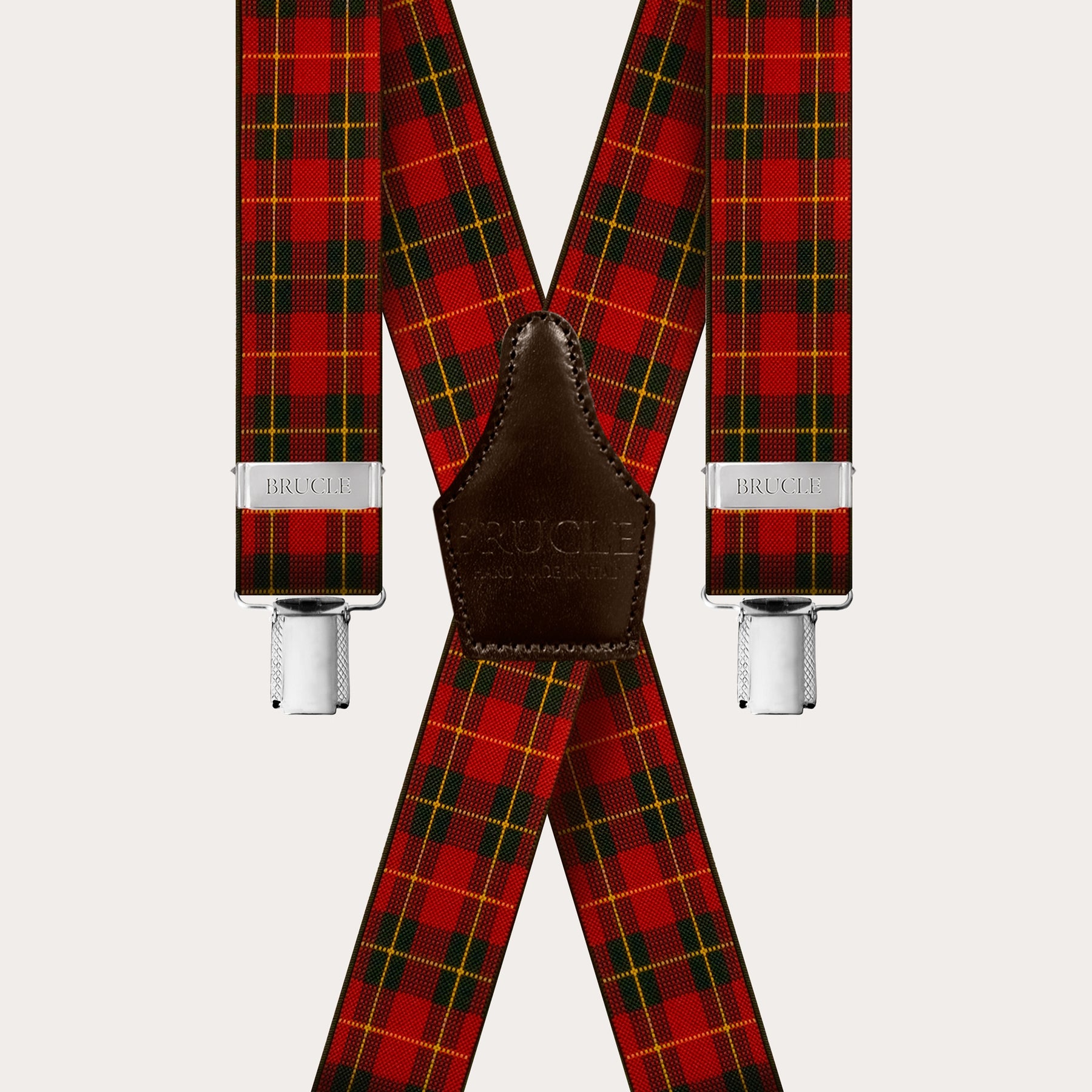 X-shape elastic suspenders with clips, red tartan