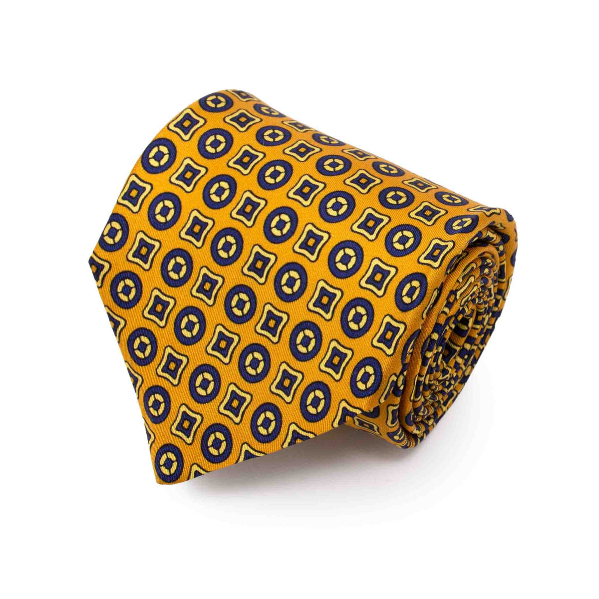 Yellow with navy patterned silk tie - serà fine silk