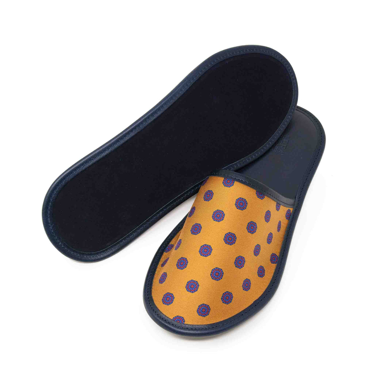 SERA FINE SILK - gold blue medallions silk leather slippers