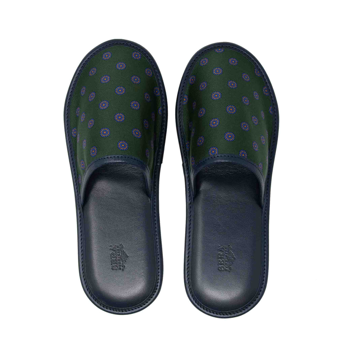 SERA FINE SILK - green blue medallions silk leather slippers