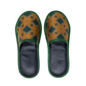 serà fine silk - Gold and green with Medallions Silk & Leather Slippers