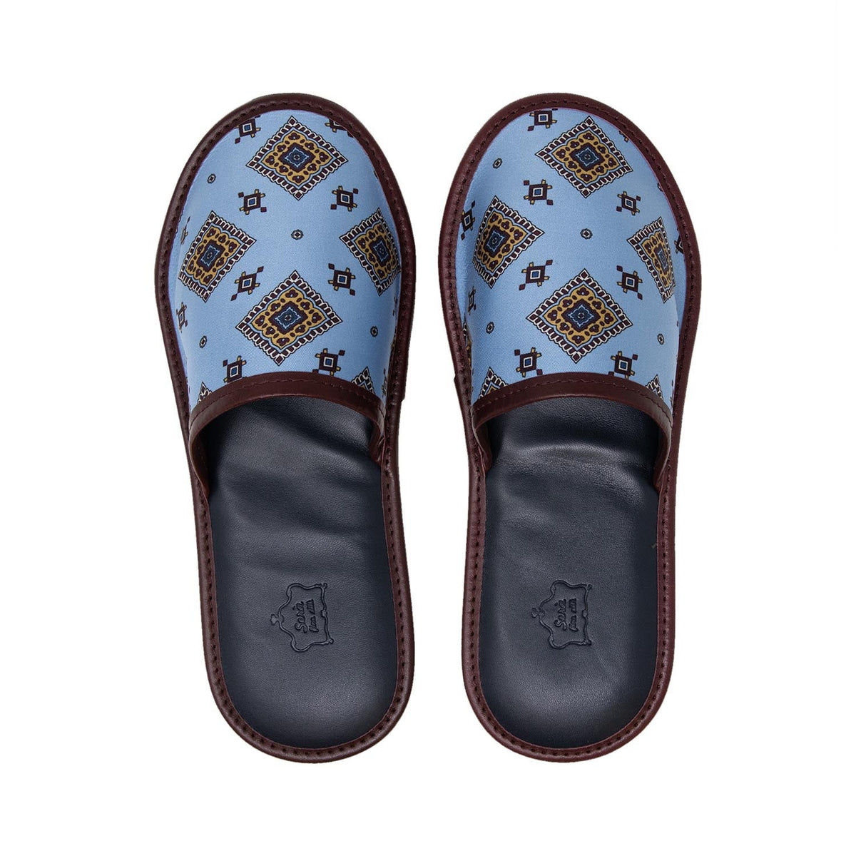 serà fine silk - Light Blue and Burgundy with Medallions Silk & Leather Slippers