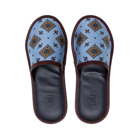 serà fine silk - Light Blue and Burgundy with Medallions Silk & Leather Slippers